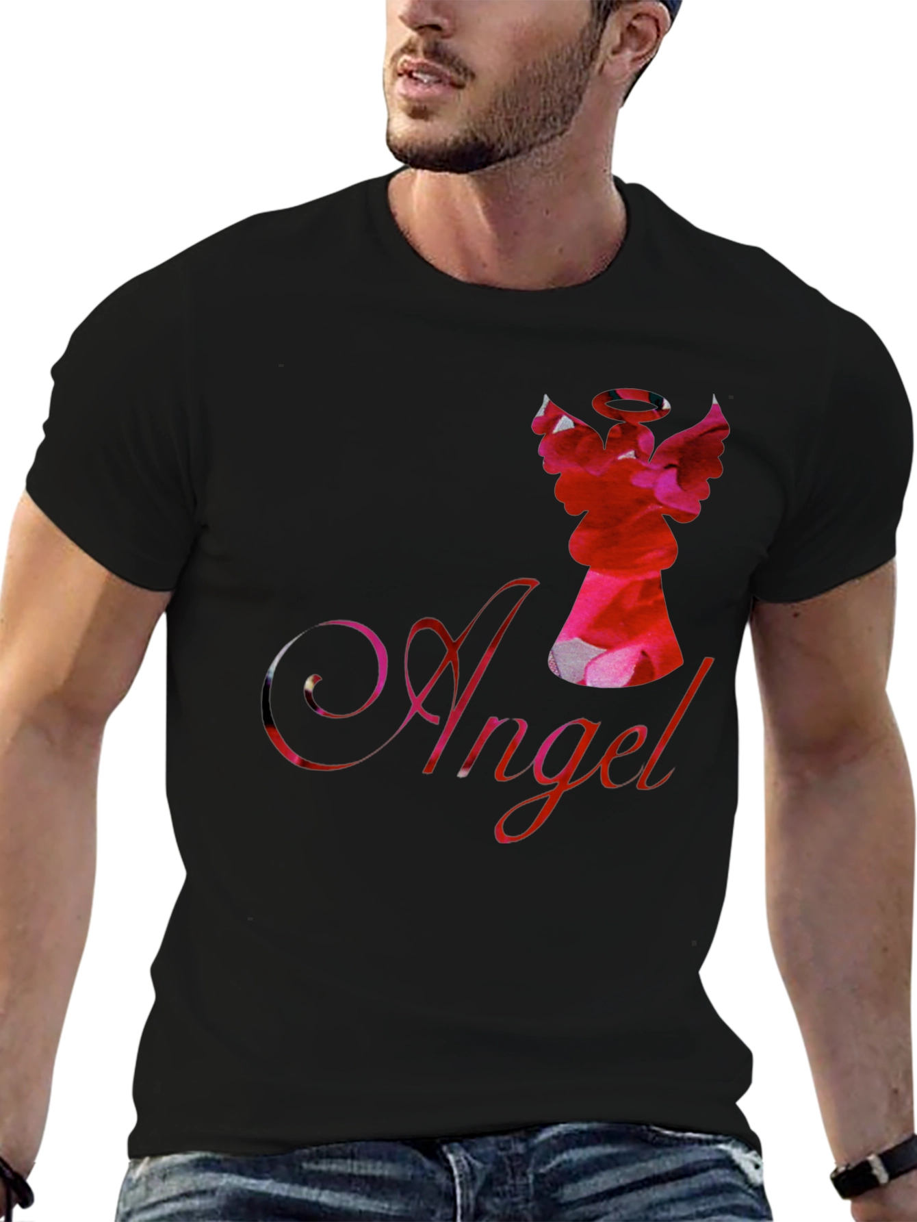 Camiseta Negra con Diseño de Ángel Floral