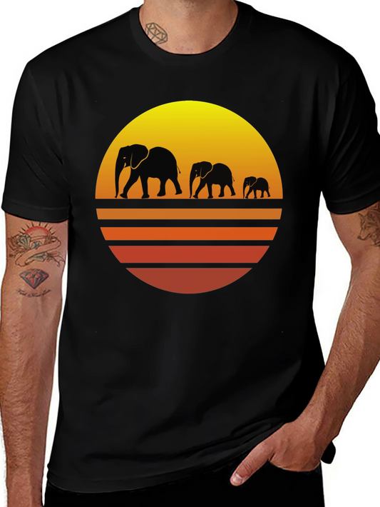 Camiseta Negra con Diseño de Elefantes y Atardecer
