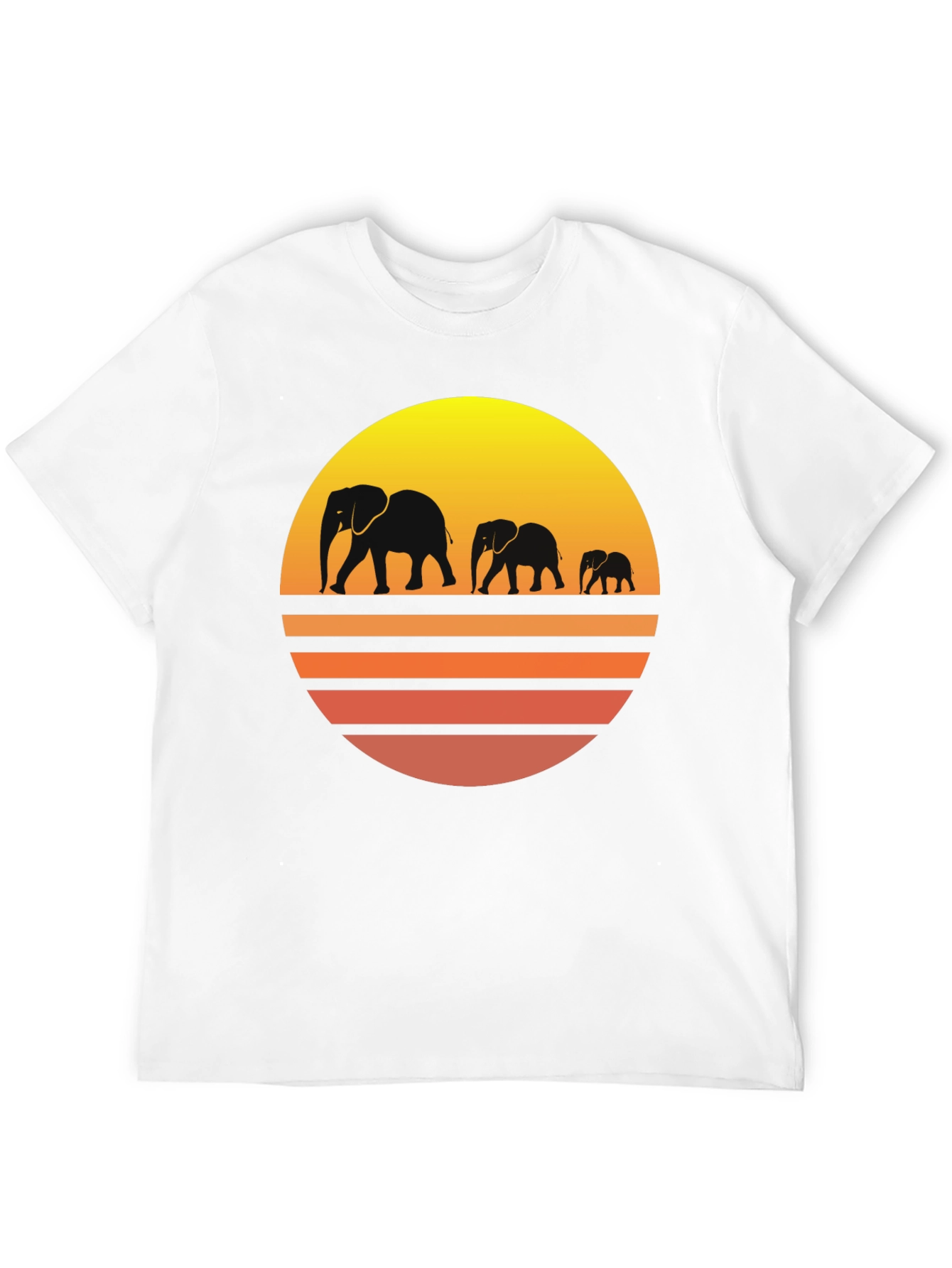 Camiseta Negra con Diseño de Elefantes y Atardecer