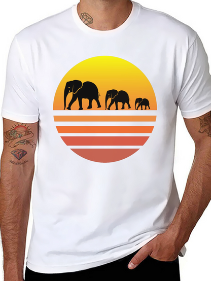 Camiseta Negra con Diseño de Elefantes y Atardecer