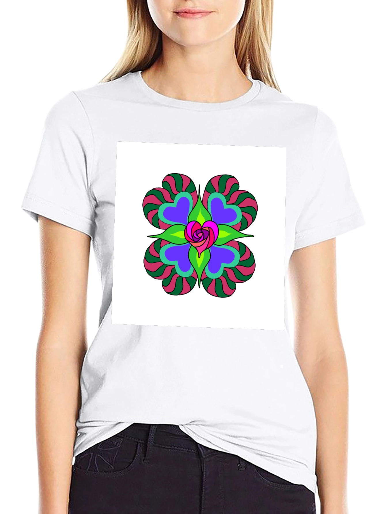 Camiseta Negra con Diseño Floral Psicodélico