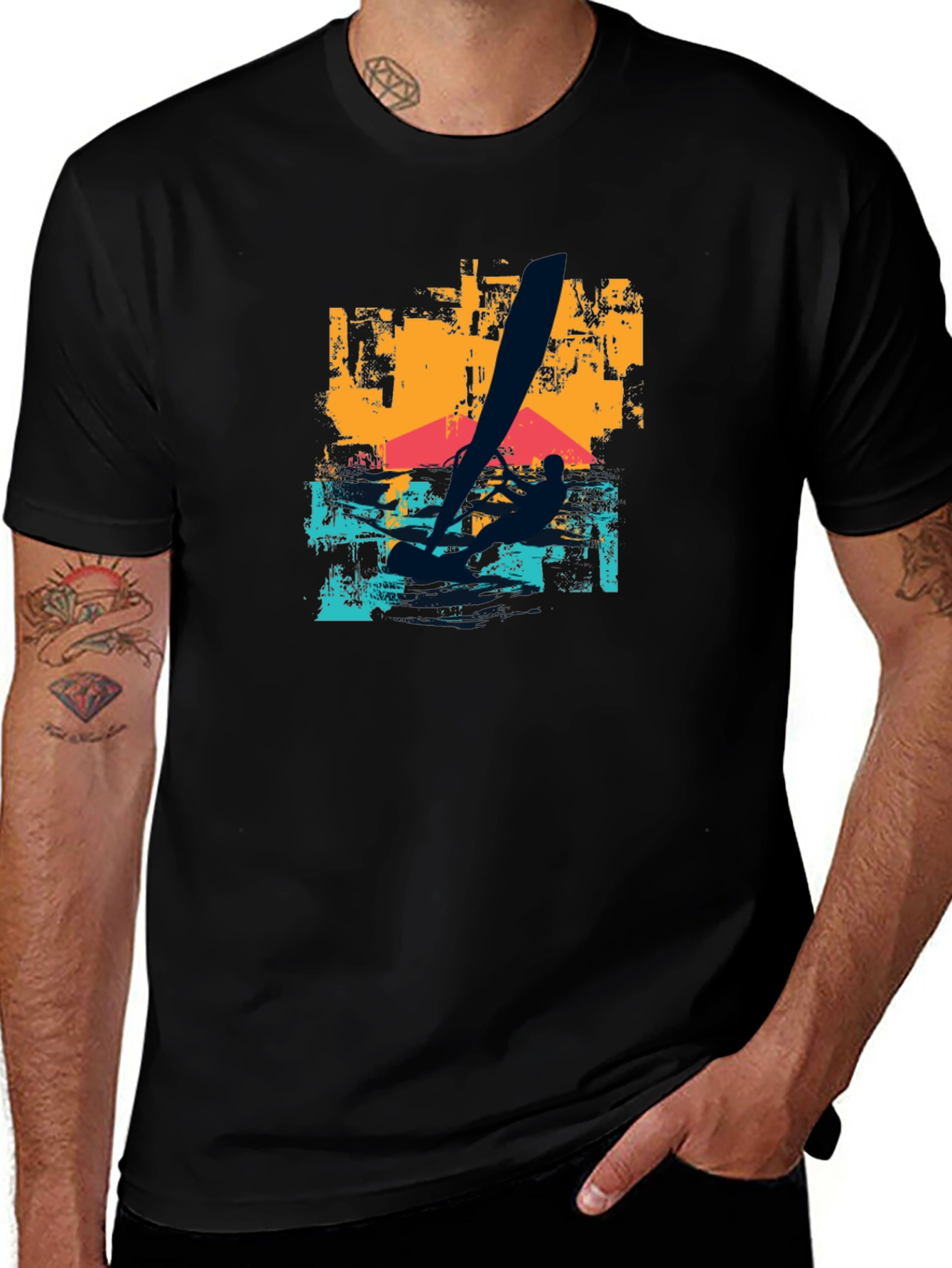 Camiseta Negra Estampada de Windsurf para Hombre