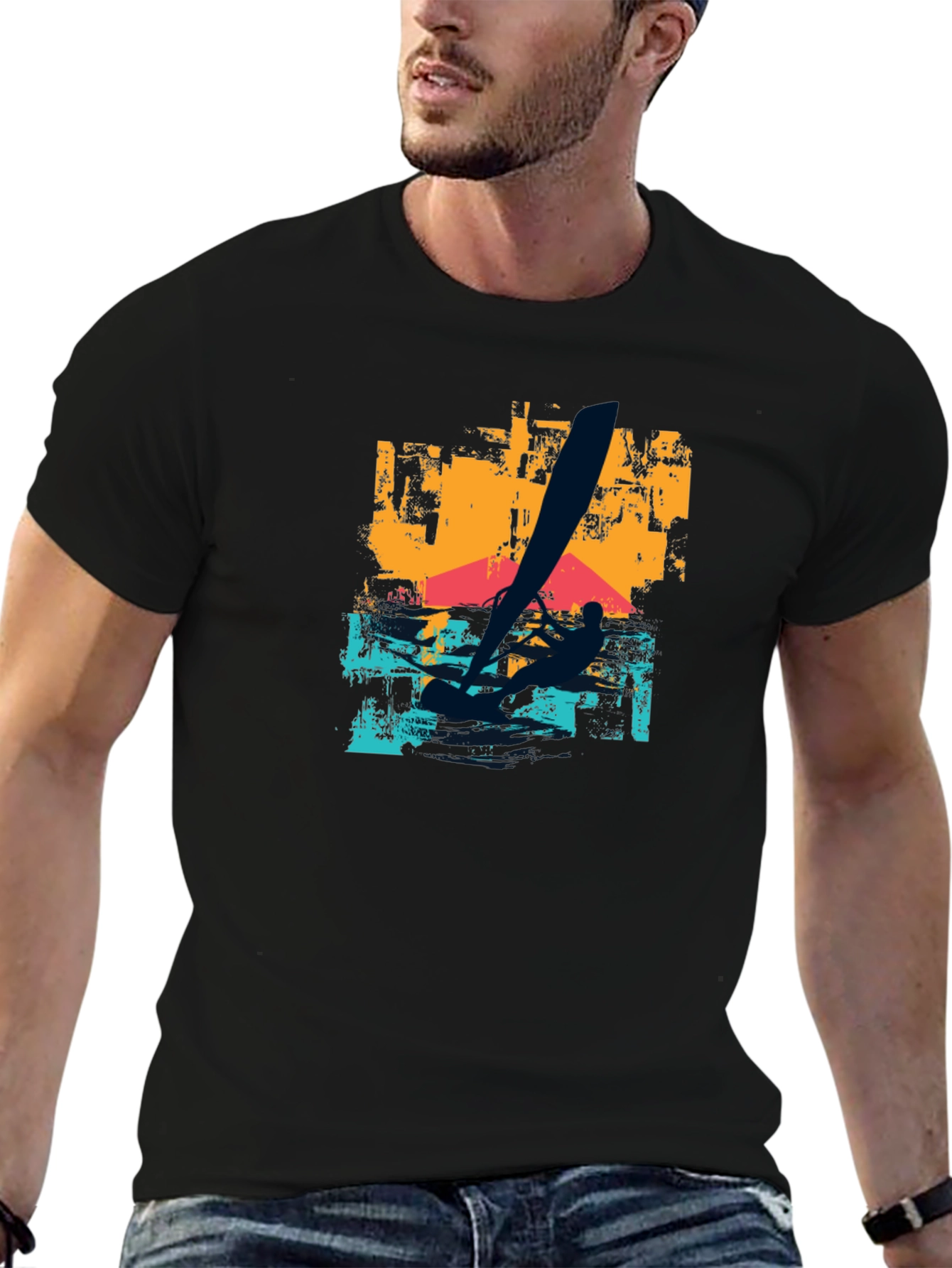 Camiseta Negra Estampada de Windsurf para Hombre