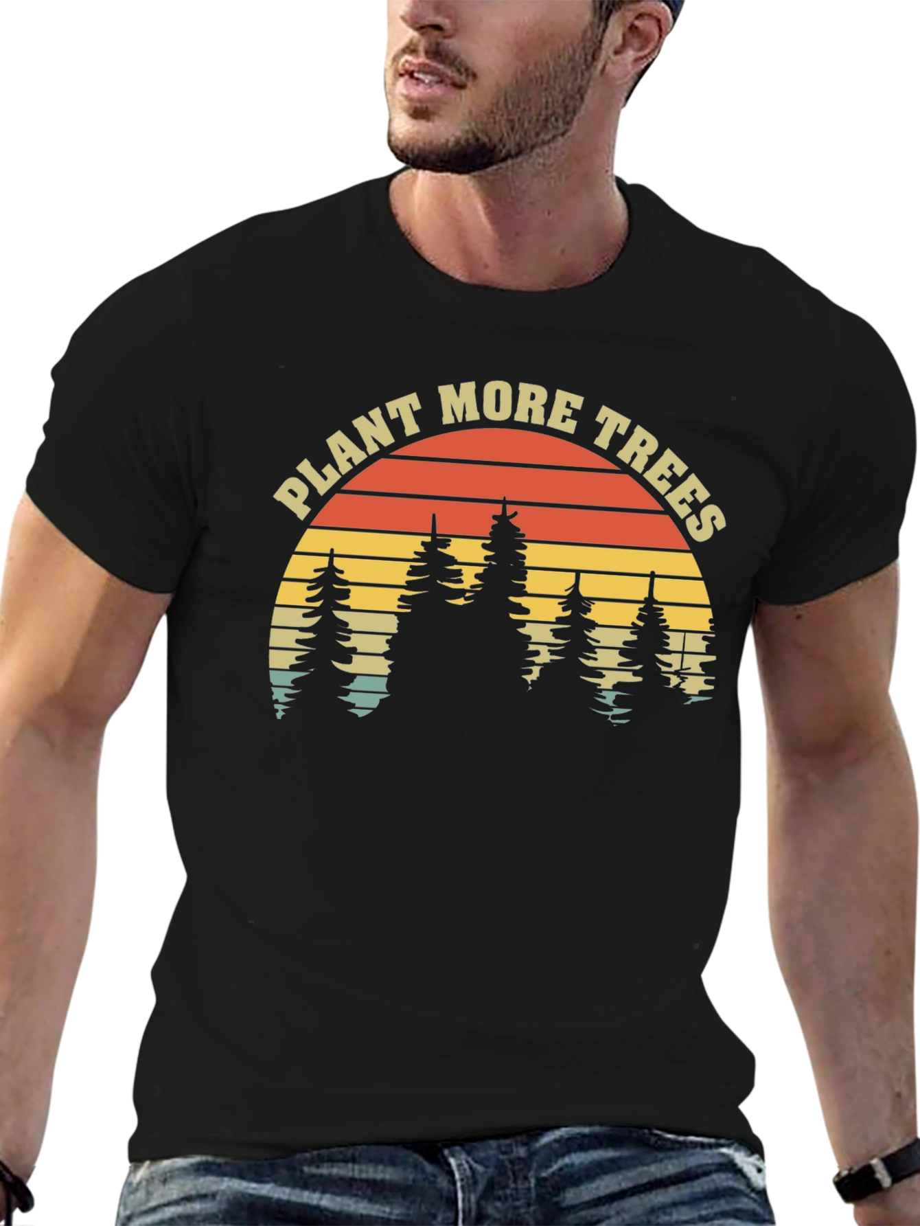 Camiseta Negra Planta Más Árboles Estilo Retro
