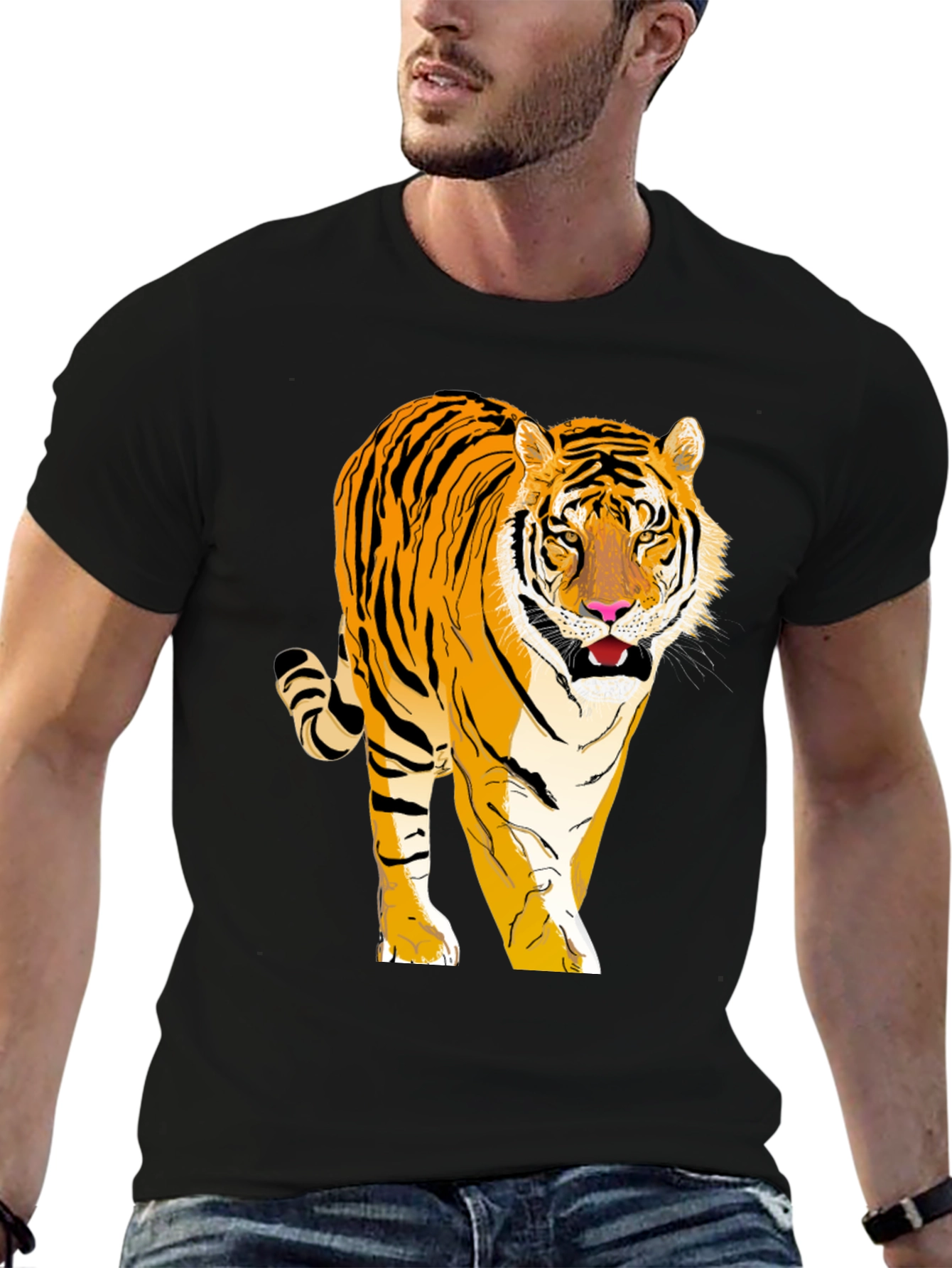 Camiseta Negra con Tigre Impreso para Hombre