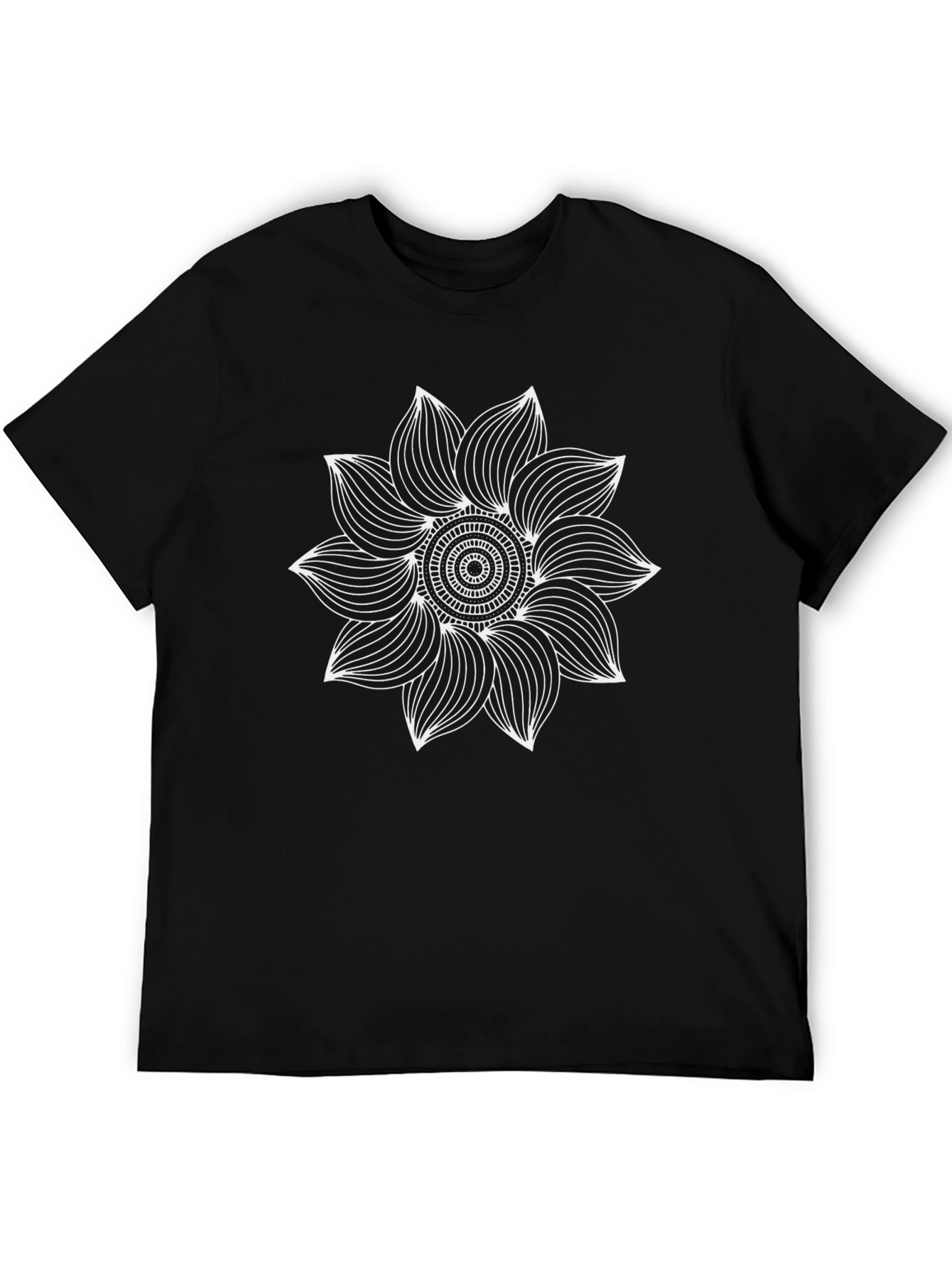 Camiseta Negra con Mandala Floral Blanca para Hombre