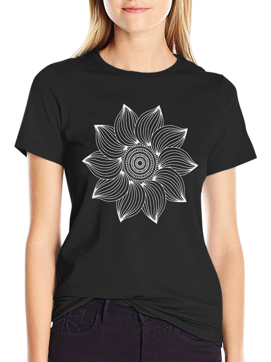 Camiseta Negra con Mandala Floral Blanca para Hombre