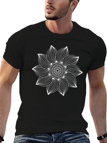 Camiseta Negra con Mandala Floral Blanca para Hombre