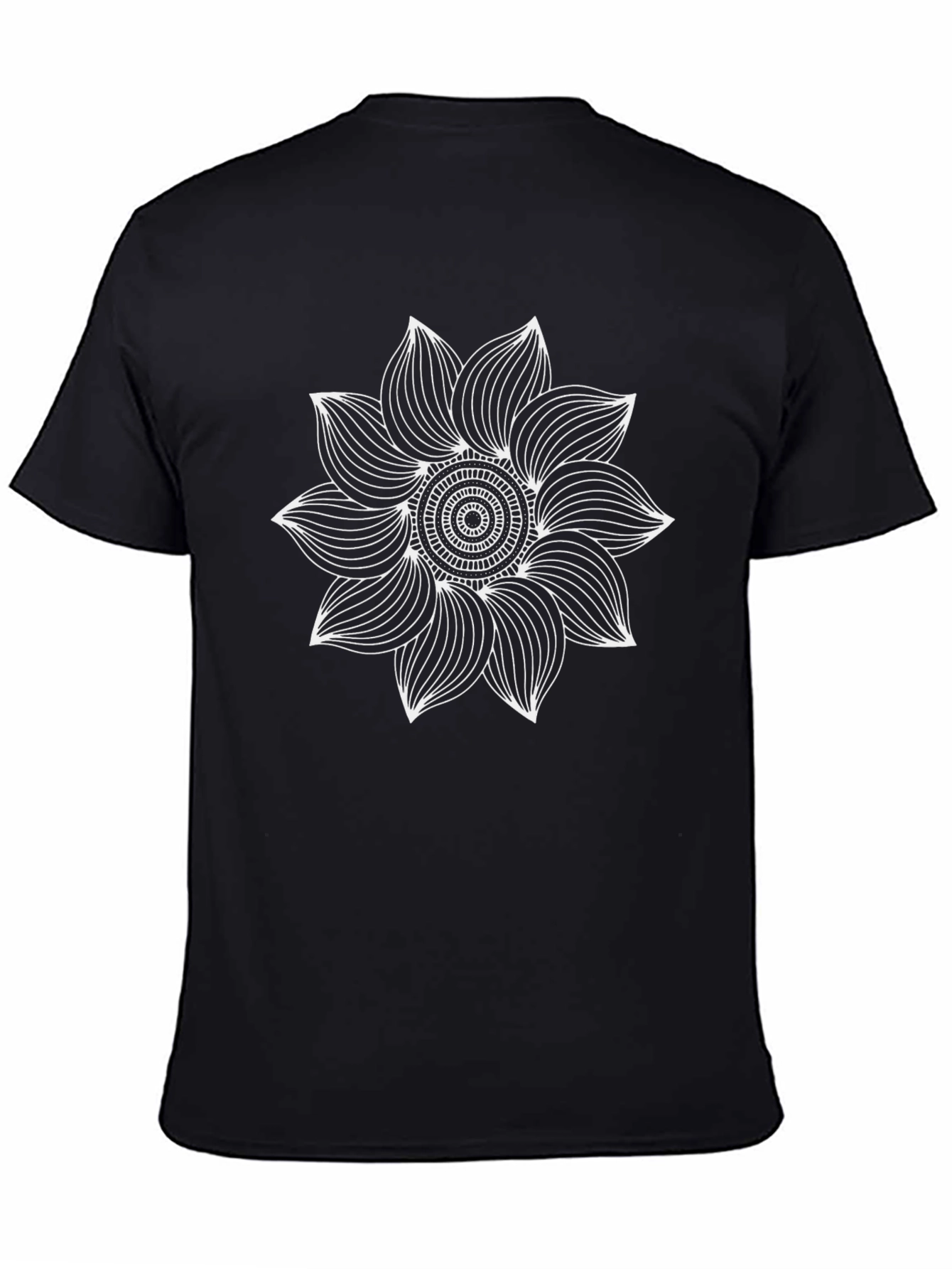 Camiseta Negra con Mandala Floral Blanca para Hombre