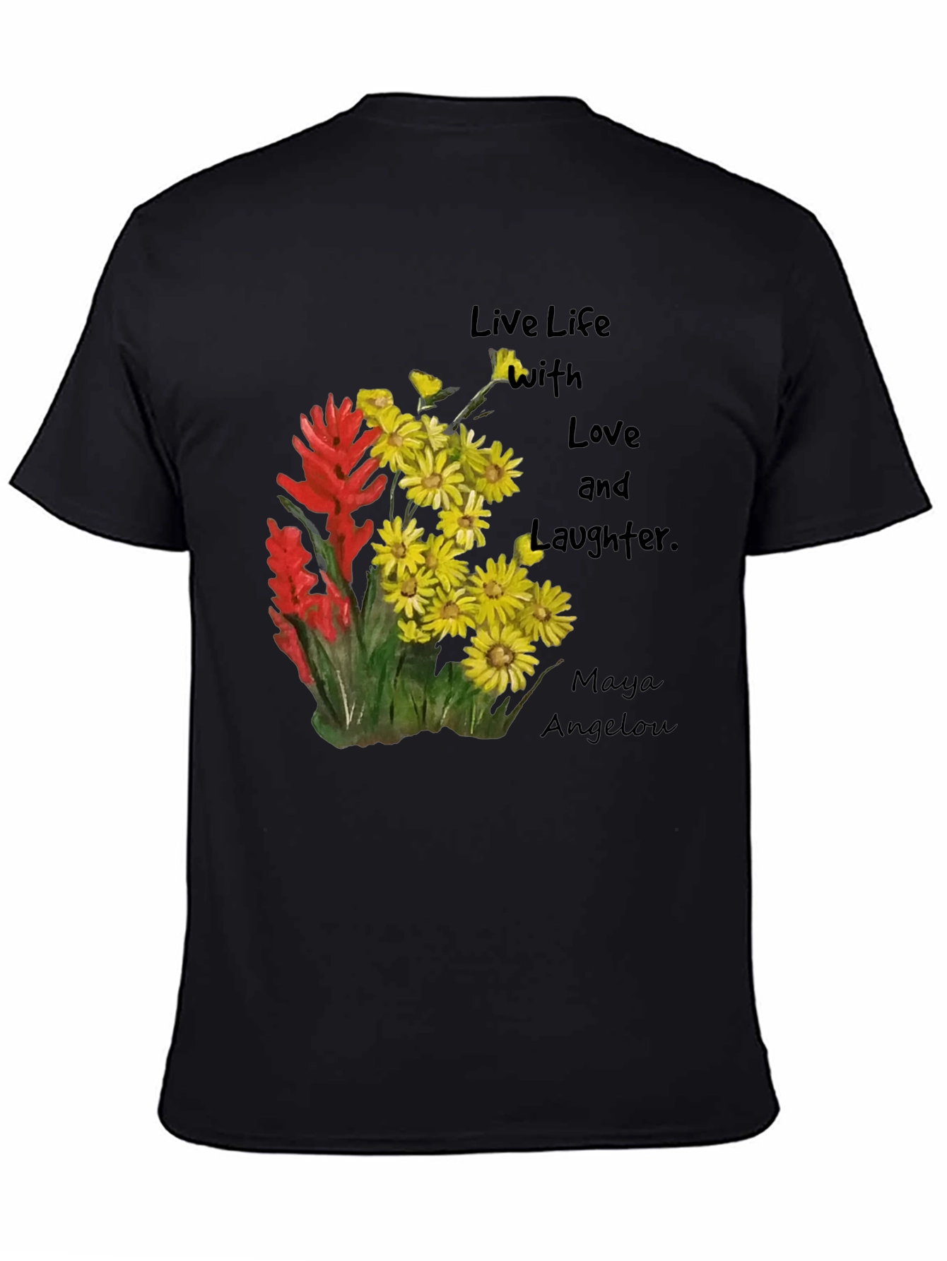 Camiseta Negra con Flores y Frase Inspiradora
