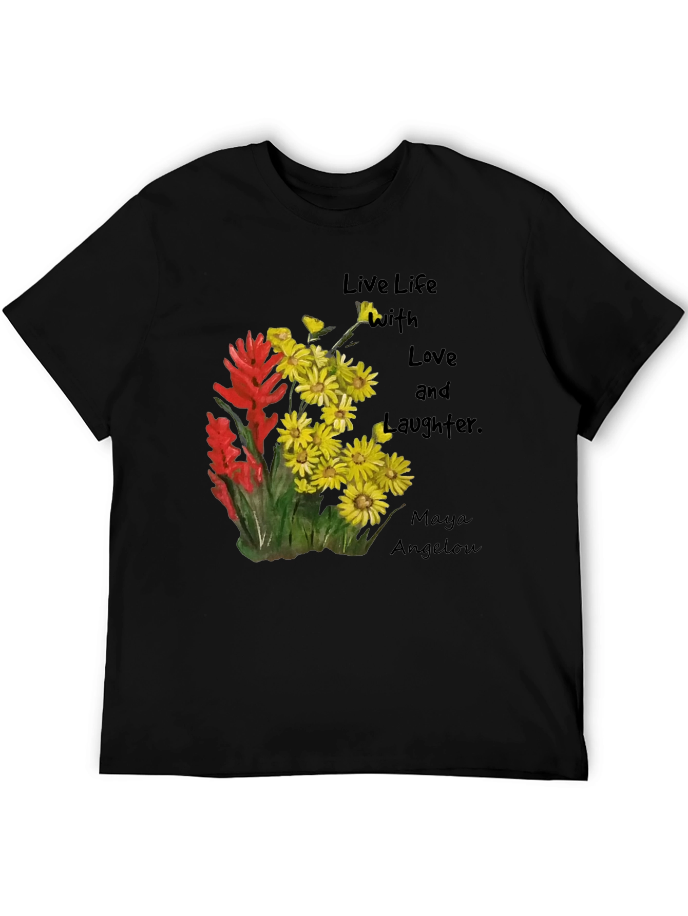 Camiseta Negra con Flores y Frase Inspiradora