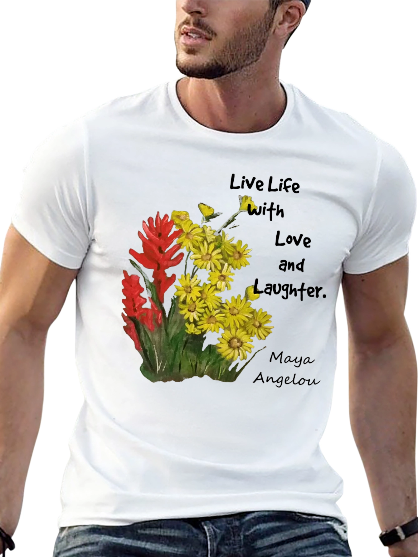 Camiseta Negra con Flores y Frase Inspiradora