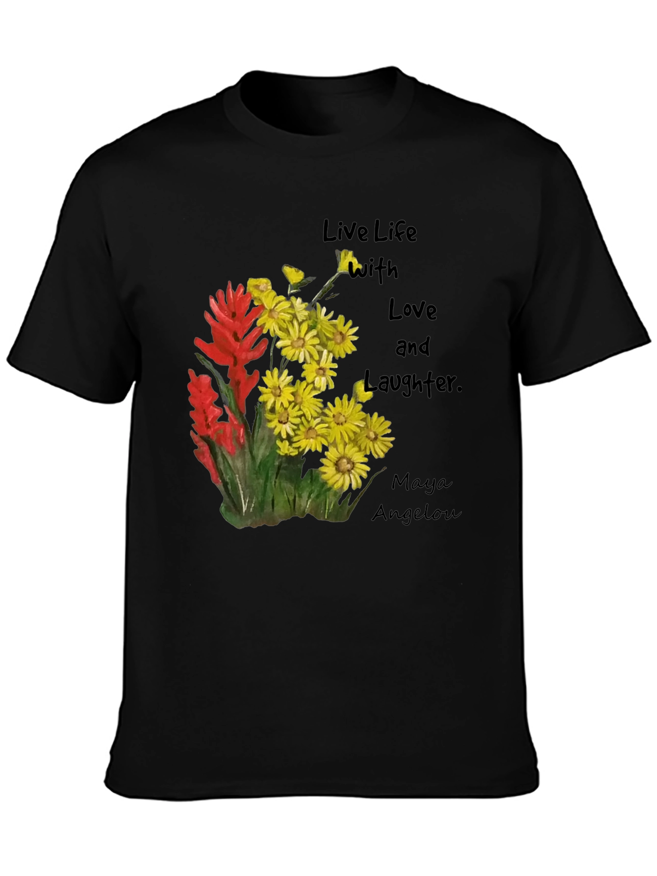 Camiseta Negra con Flores y Frase Inspiradora