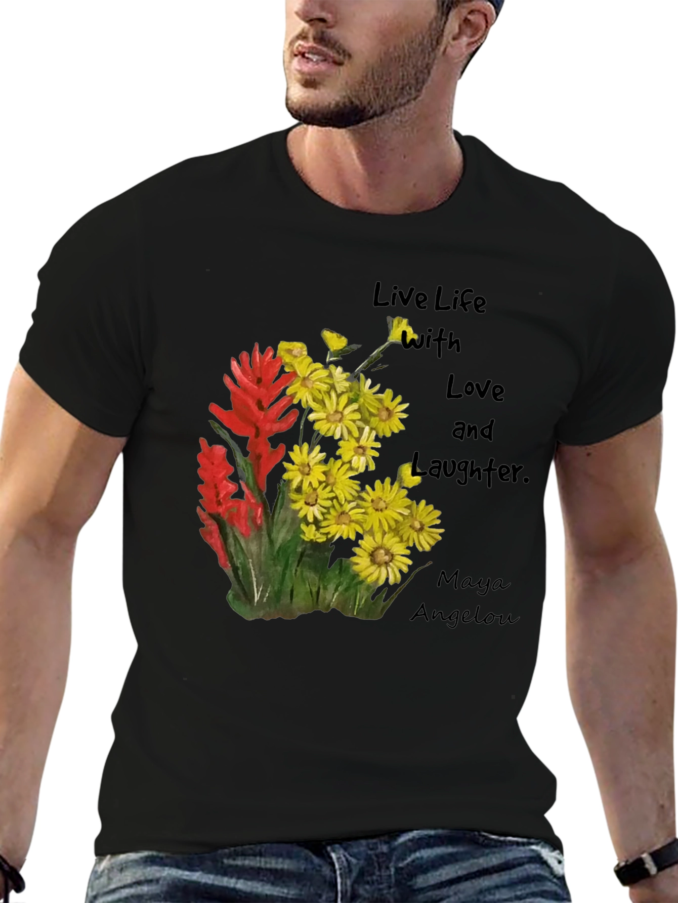 Camiseta Negra con Flores y Frase Inspiradora