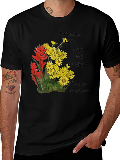 Camiseta Negra con Flores y Frase Inspiradora