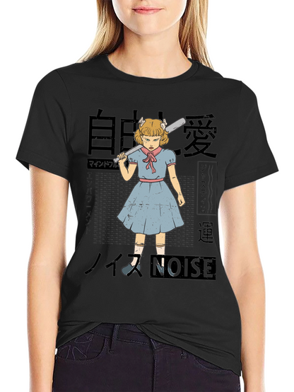 Camiseta Negra con Estampado Artístico de Chica Anime