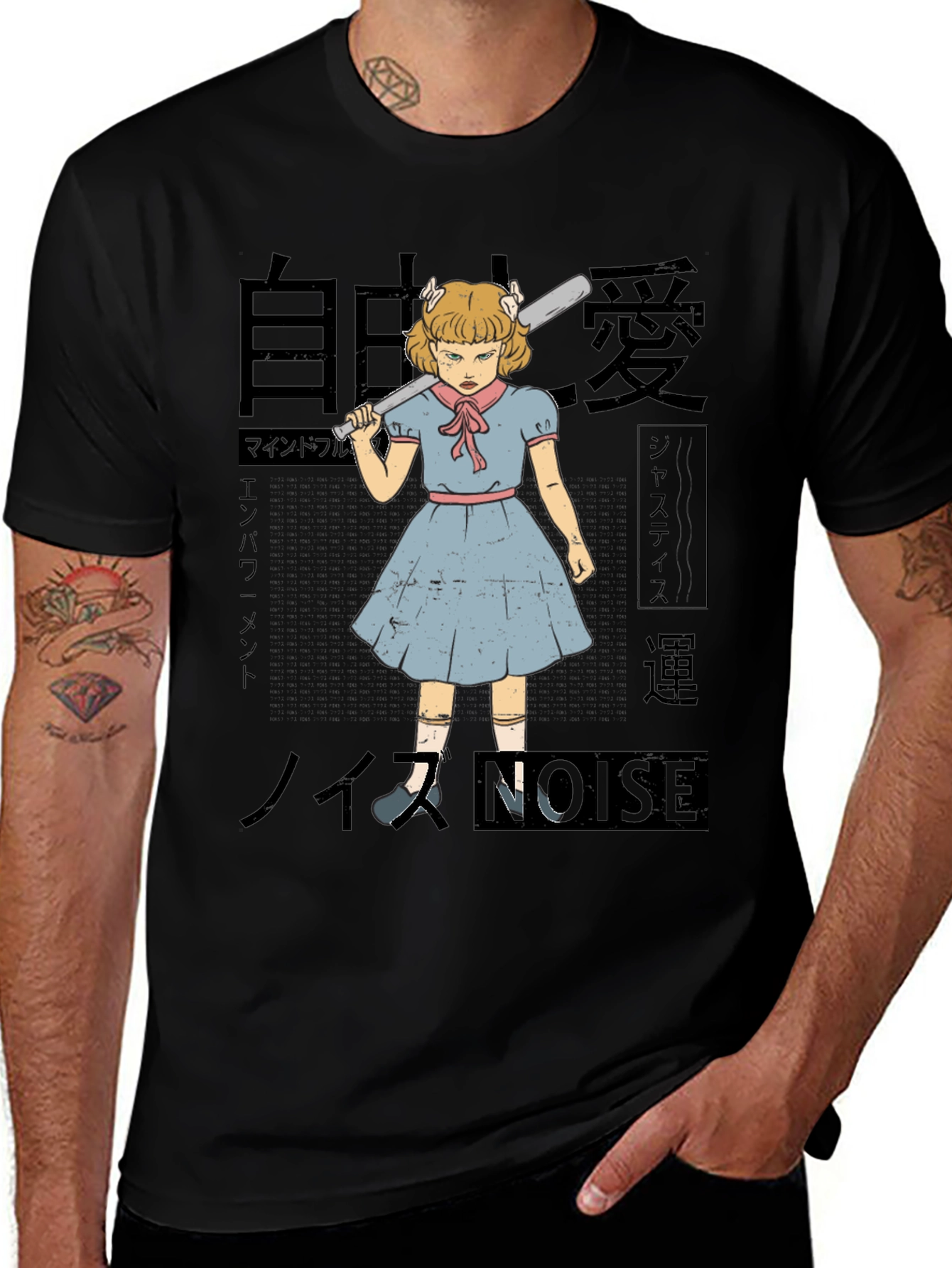 Camiseta Negra con Estampado Artístico de Chica Anime
