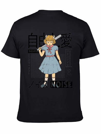 Camiseta Negra con Estampado Artístico de Chica Anime