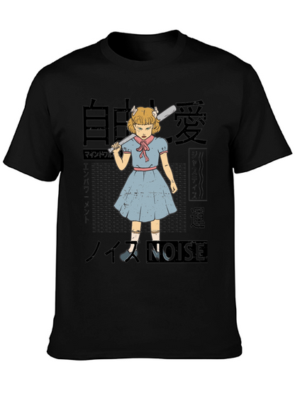 Camiseta Negra con Estampado Artístico de Chica Anime