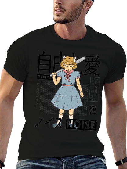 Camiseta Negra con Estampado Artístico de Chica Anime