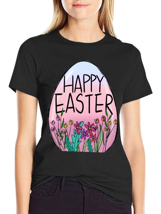 Camiseta Negra con Diseño de Huevo de Pascua Floral