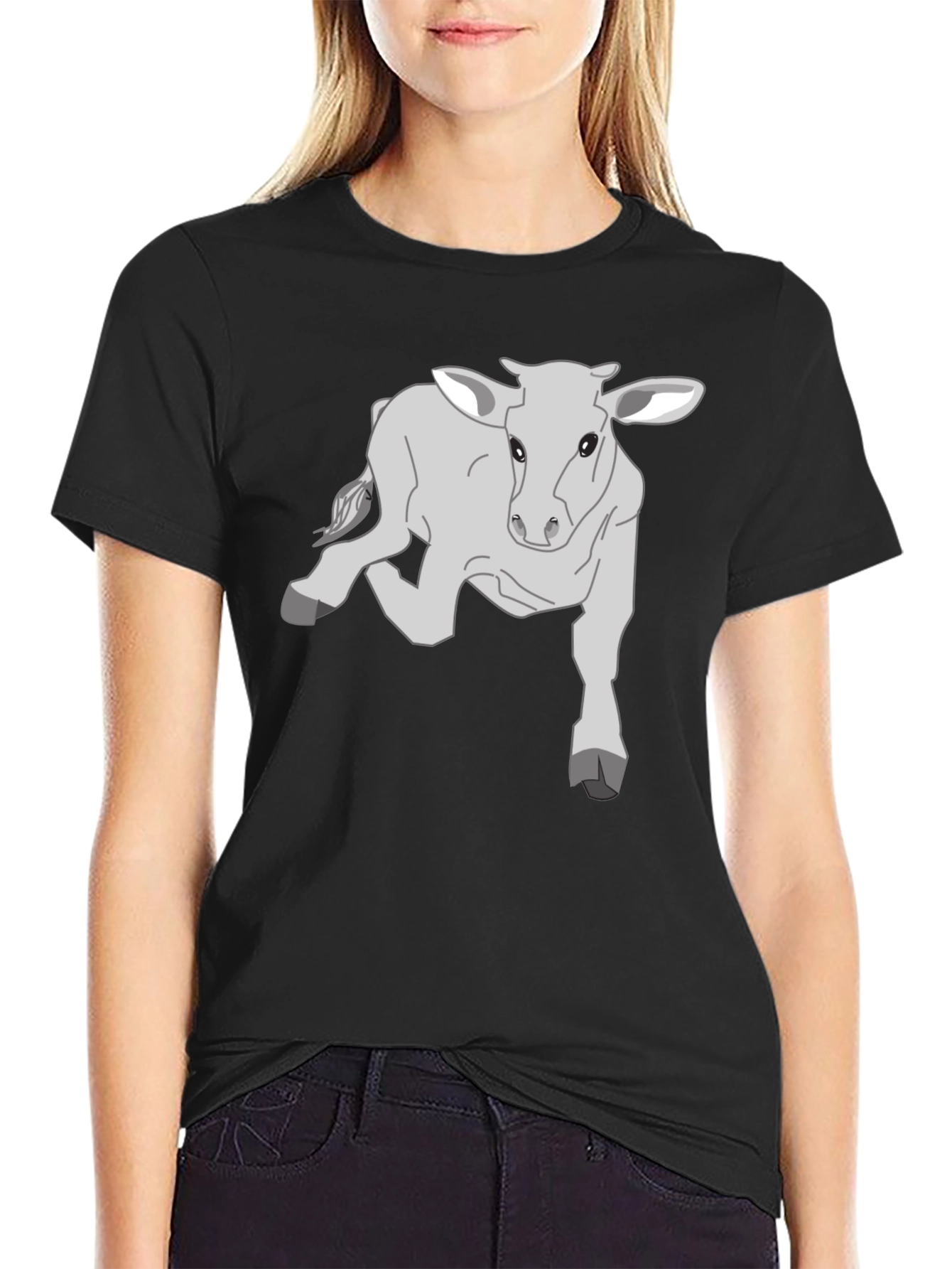 Camiseta Negra con Diseño de Ternero Gris