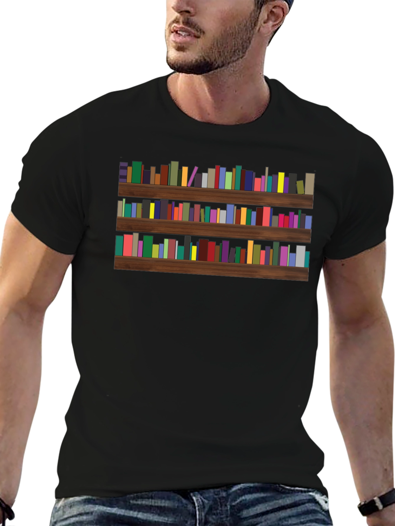 Camiseta Negra con Estampado de Librería