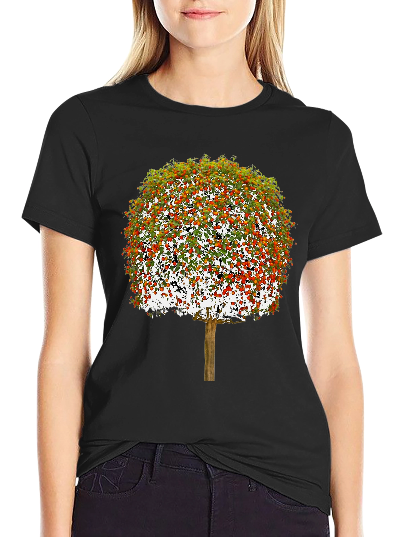 Camiseta Negra con Diseño de Árbol Frutal
