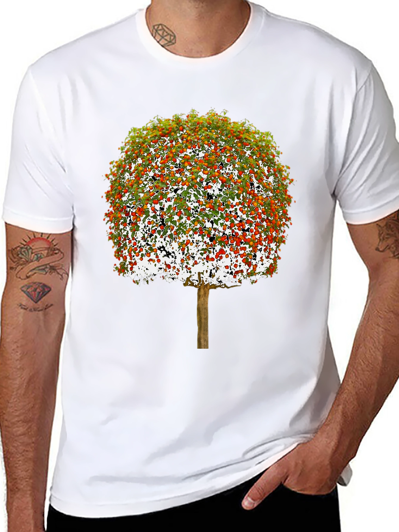 Camiseta Negra con Diseño de Árbol Frutal