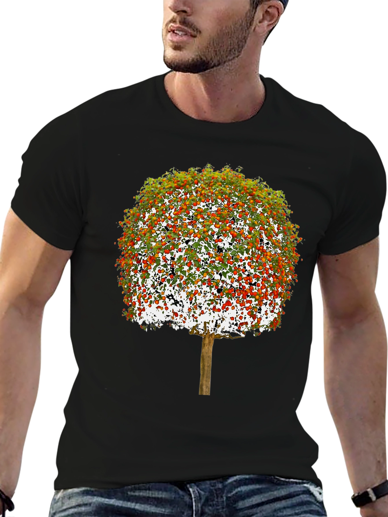 Camiseta Negra con Diseño de Árbol Frutal