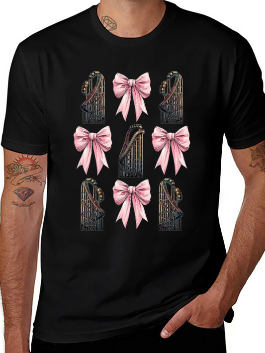 Camiseta Negra con Diseño de Montaña Rusa y Lazos Rosados