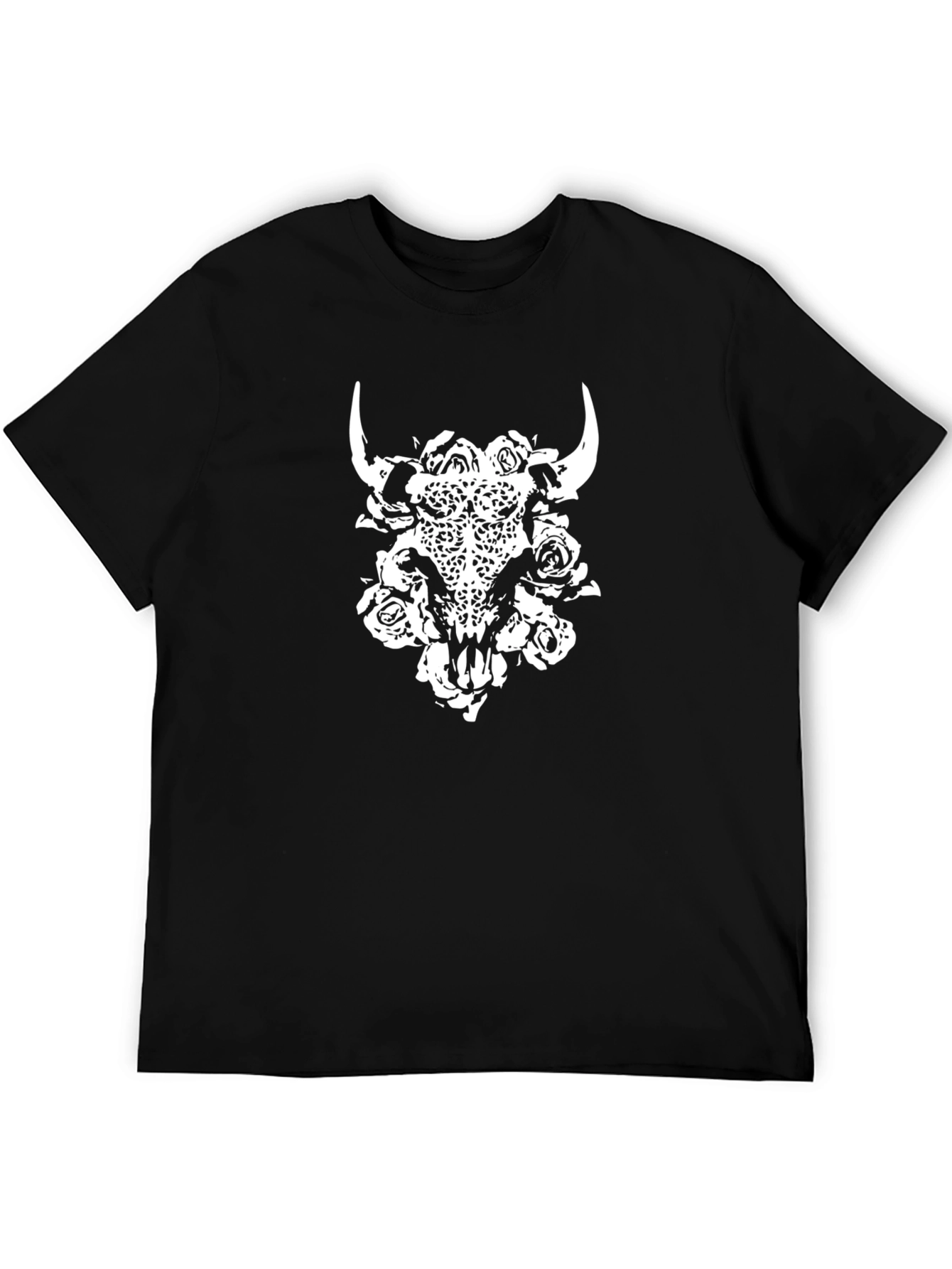 Camiseta Negra con Calavera de Toro y Rosas