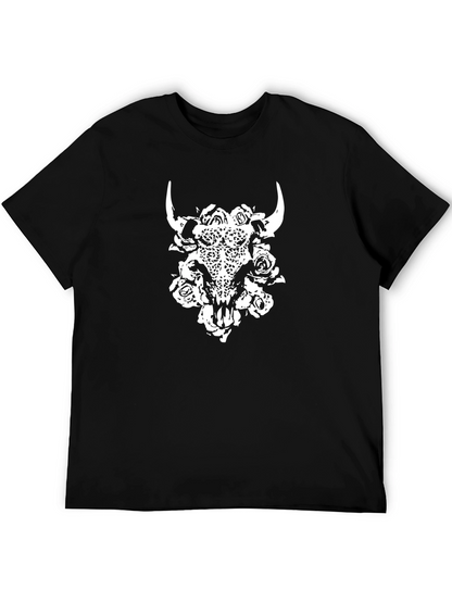 Camiseta Negra con Calavera de Toro y Rosas