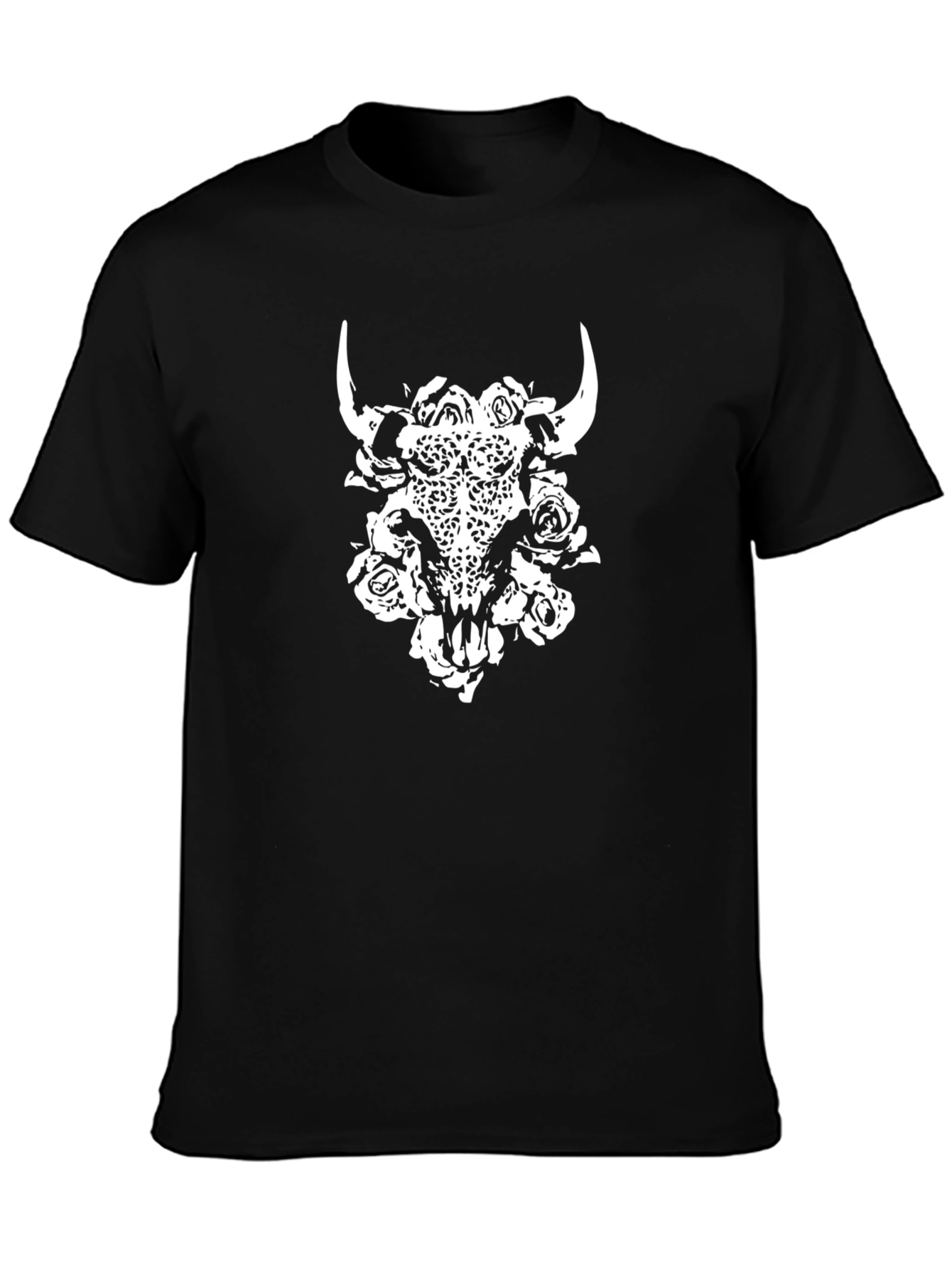 Camiseta Negra con Calavera de Toro y Rosas