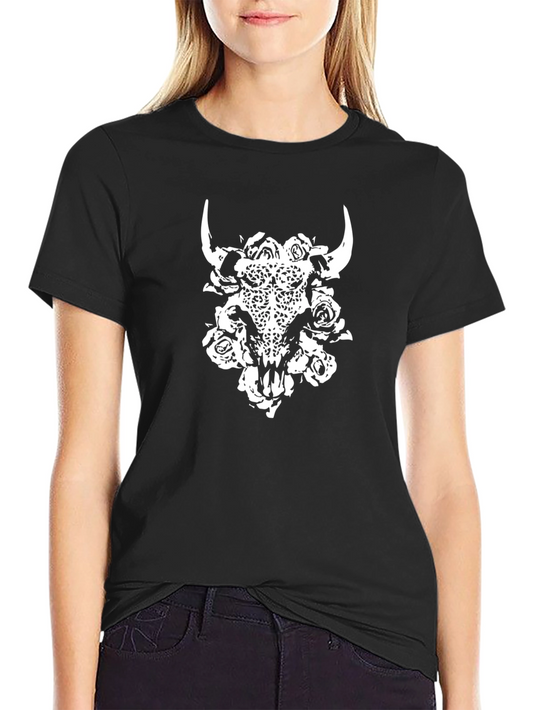 Camiseta Negra con Calavera de Toro y Rosas