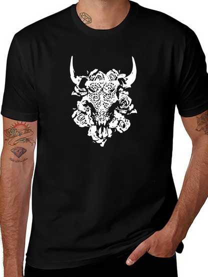 Camiseta Negra con Calavera de Toro y Rosas