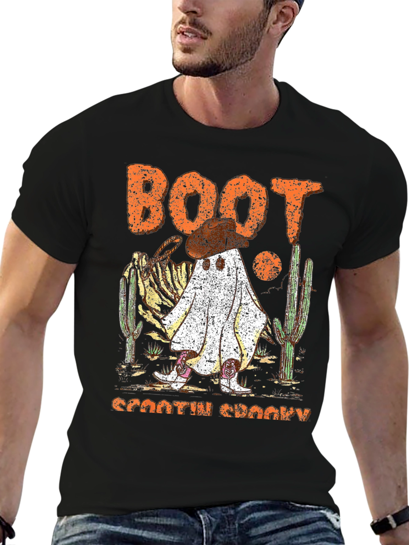 Camiseta negra fantasma vaquero Halloween Boot Scootin Spooky