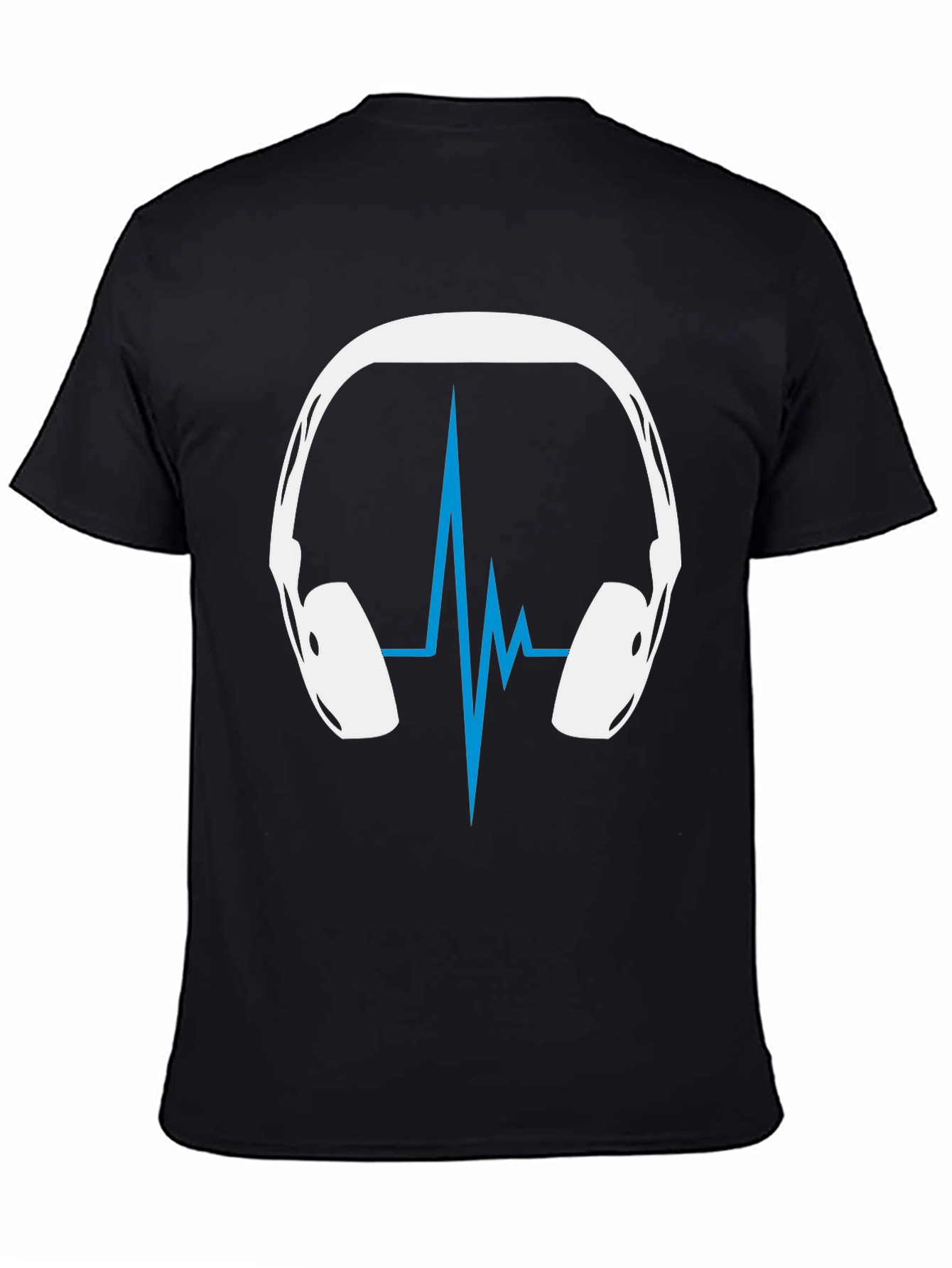 Camiseta Negra Diseño Audífonos y Ritmo Cardíaco