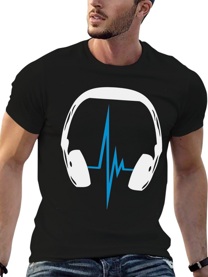 Camiseta Negra Diseño Audífonos y Ritmo Cardíaco
