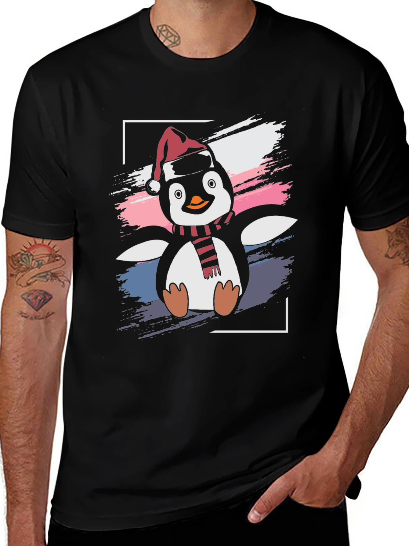Camiseta Negra con Diseño de Pingüino Navideño