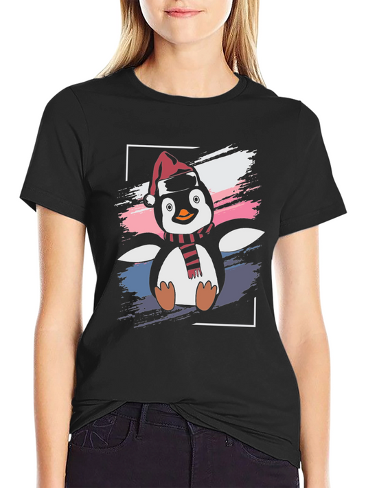 Camiseta Negra con Diseño de Pingüino Navideño