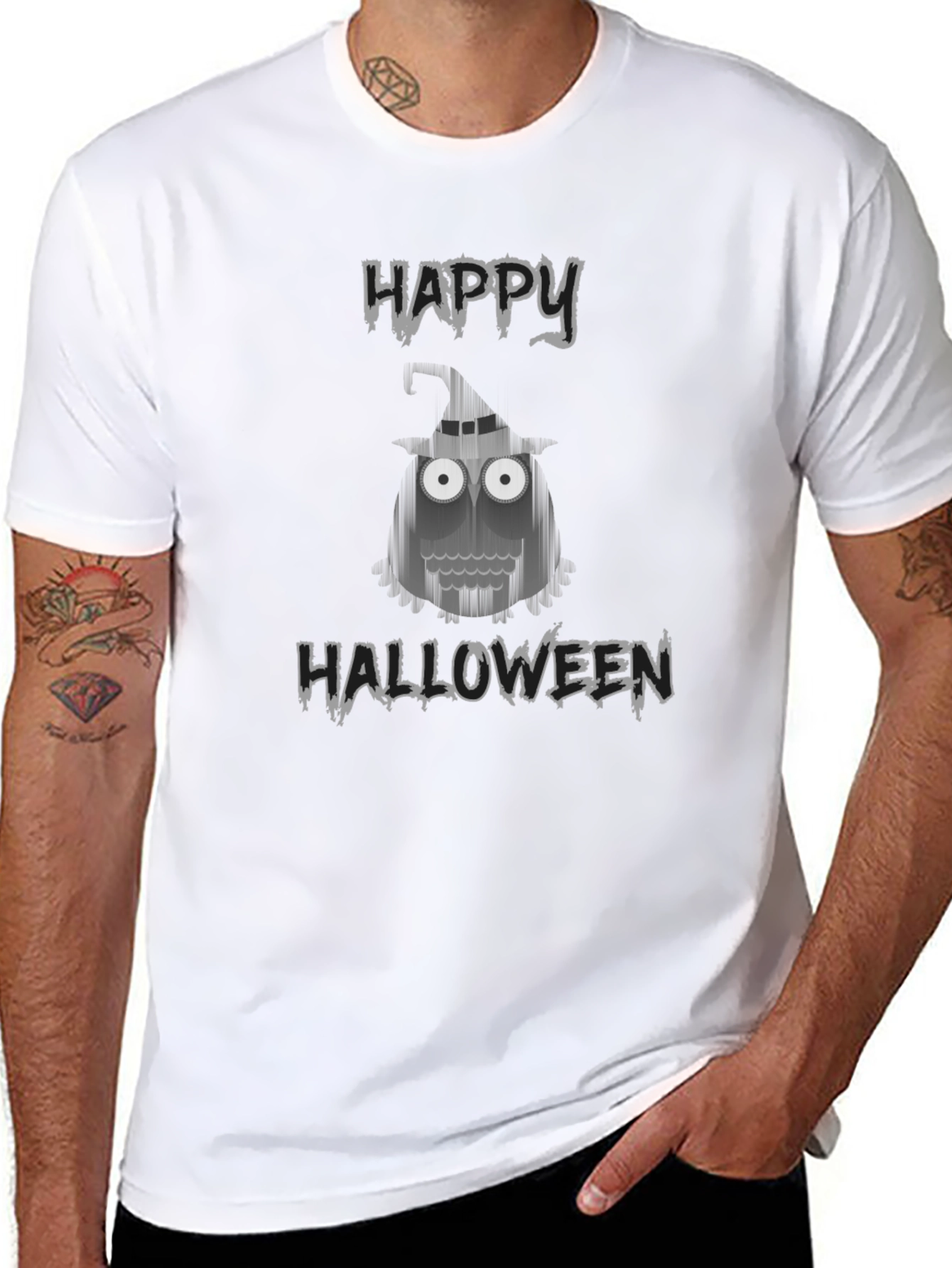 Camiseta Negra Halloween con Diseño de Búho Fantasmal