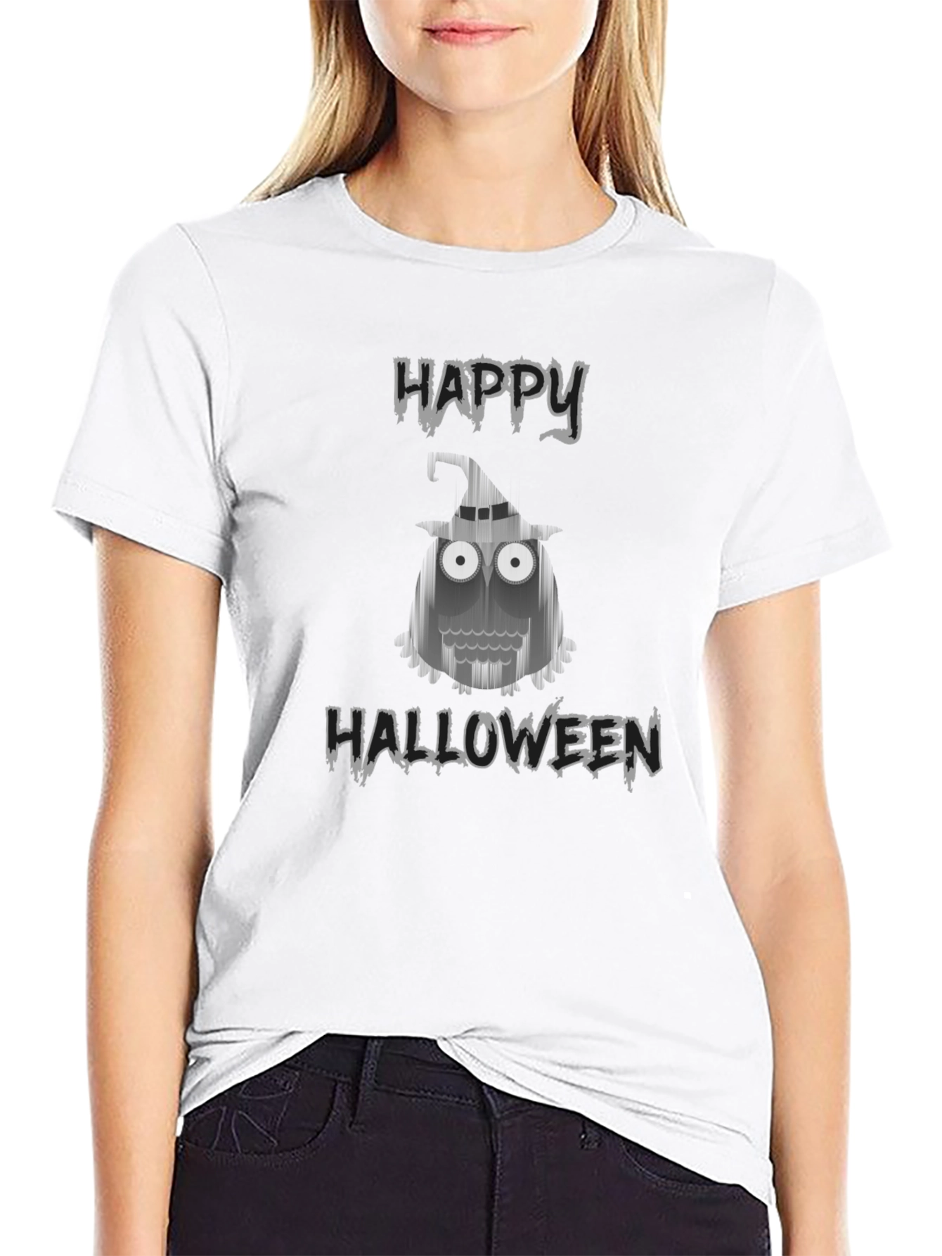Camiseta Negra Halloween con Diseño de Búho Fantasmal