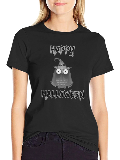 Camiseta Negra Halloween con Diseño de Búho Fantasmal