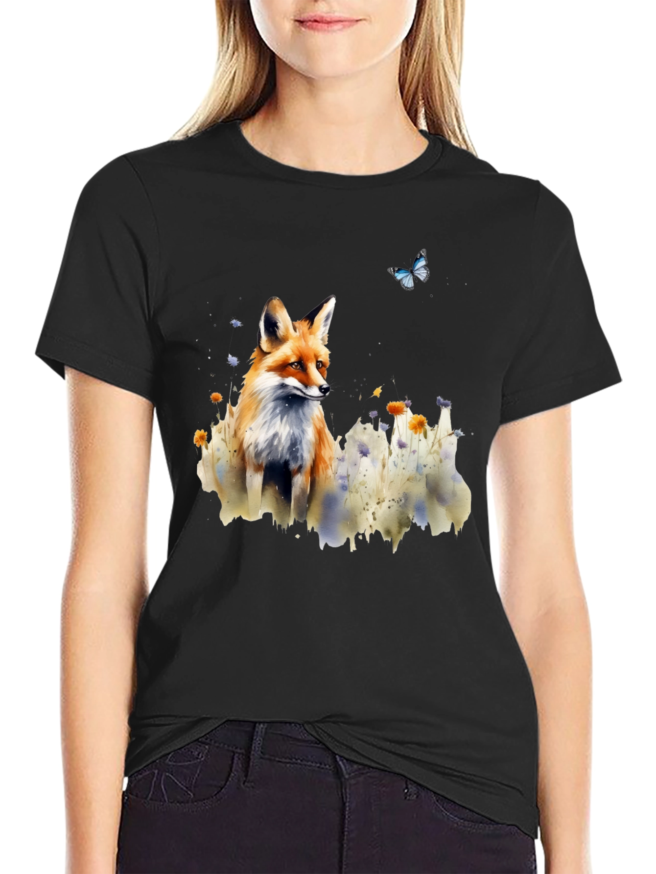 Camiseta Negra con Diseño de Zorro y Mariposa