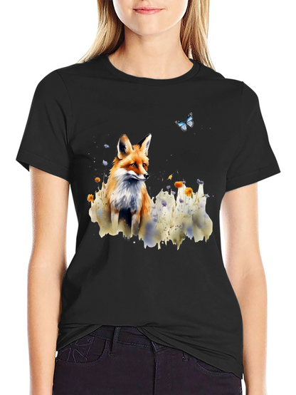 Camiseta Negra con Diseño de Zorro y Mariposa