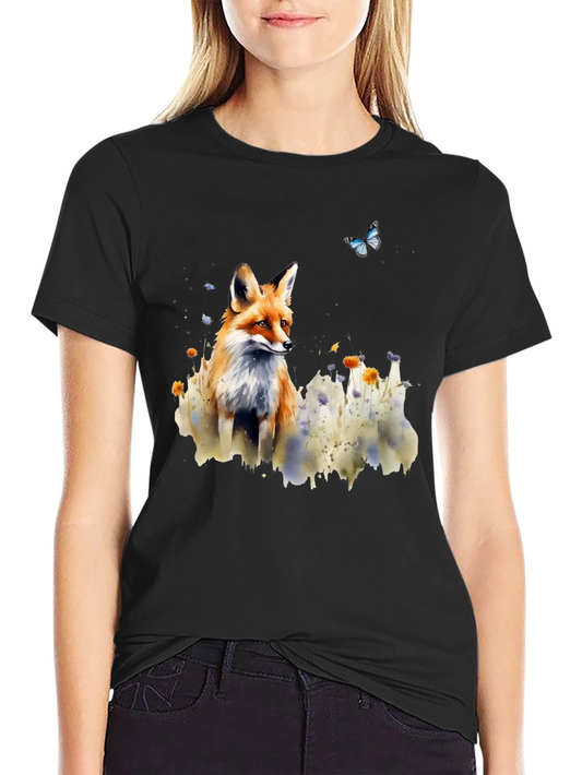 Camiseta Negra con Diseño de Zorro y Mariposa