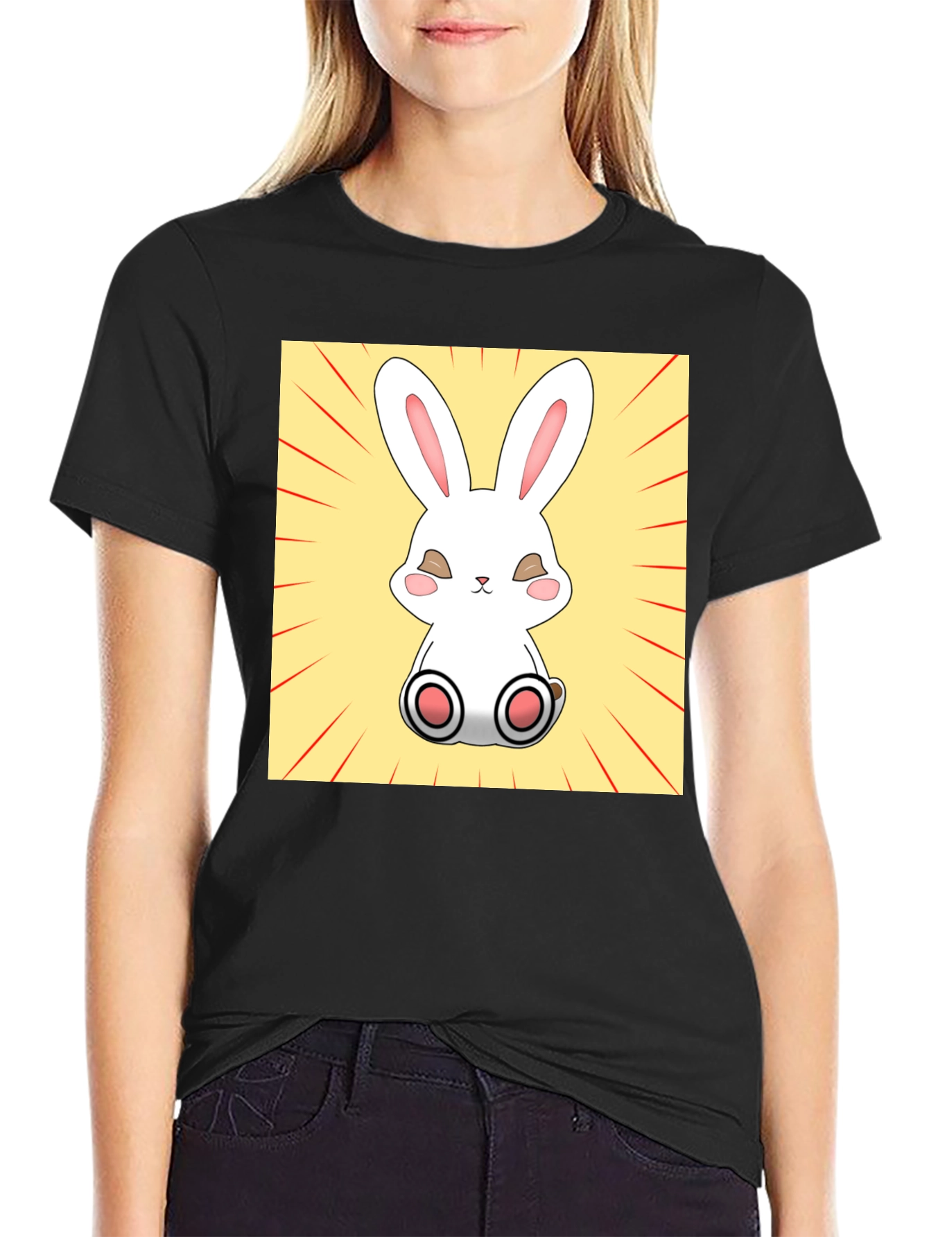 Camiseta Negra con Diseño de Conejito Kawaii