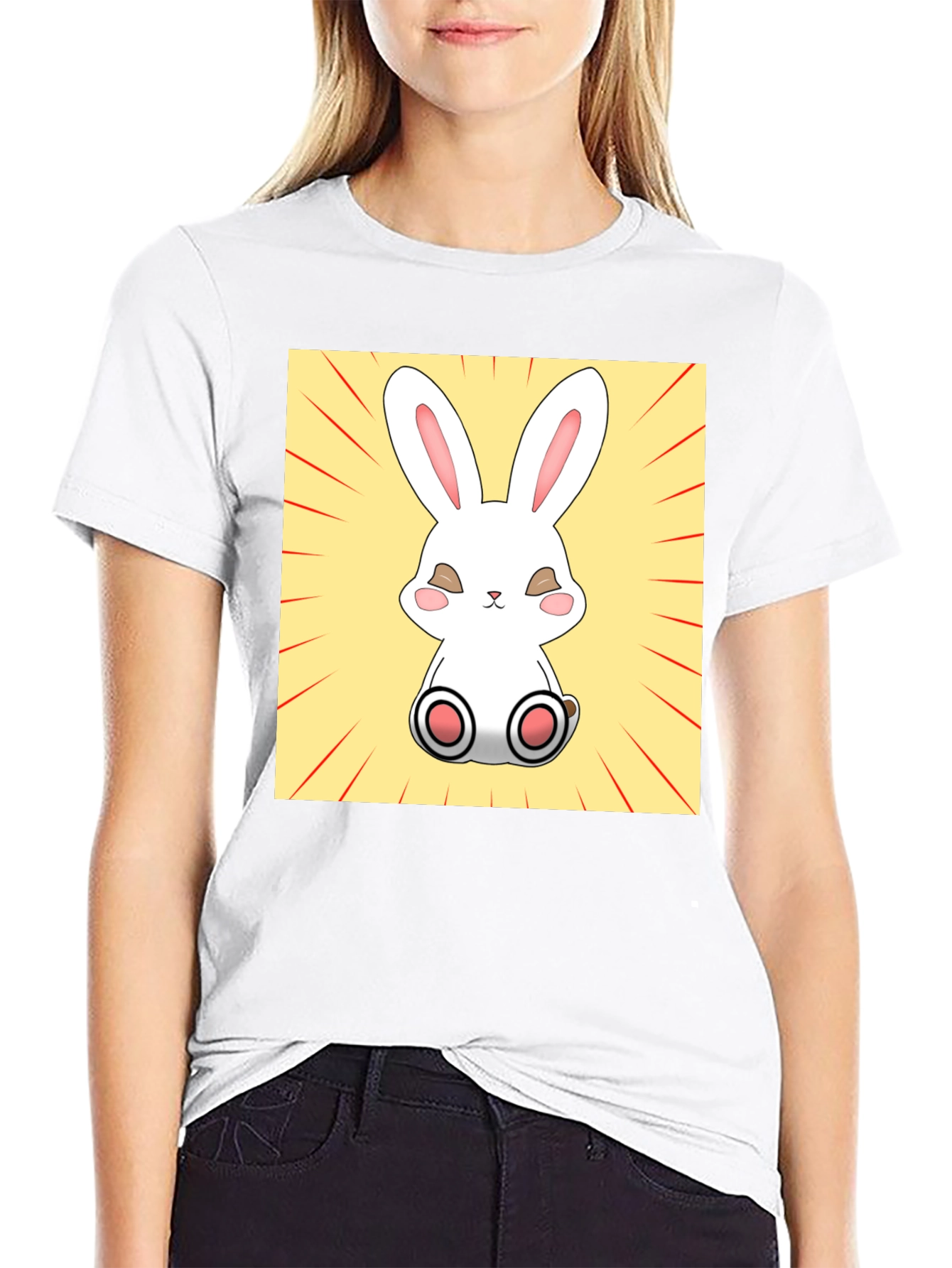 Camiseta Negra con Diseño de Conejito Kawaii