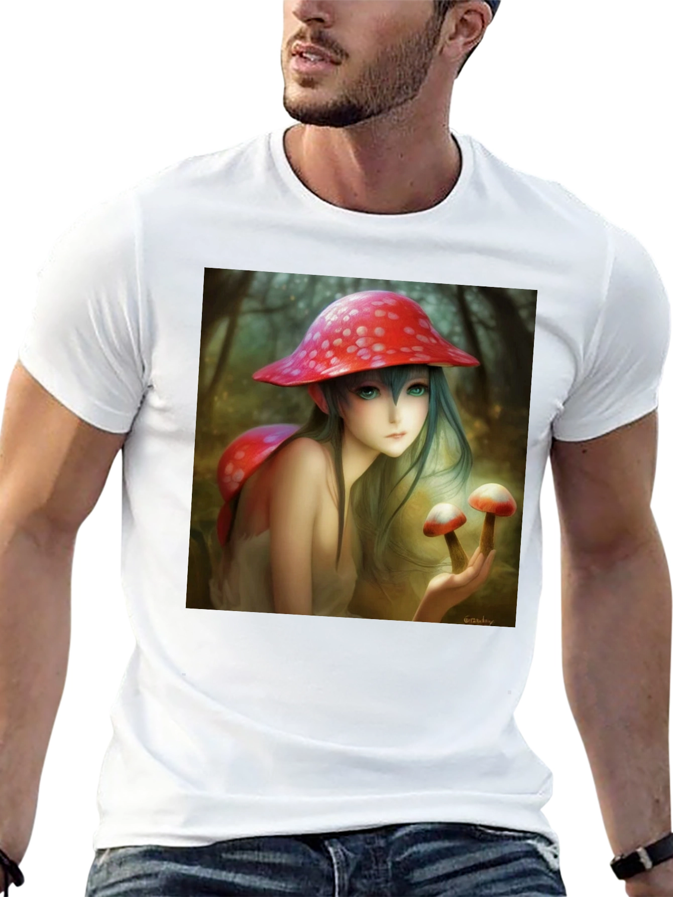 Camiseta Negra con Diseño de Hada de Hongos